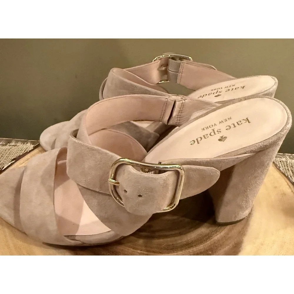 Kate‎ Spade Orchid Suede Sandal In Fawn Blush Kid Suede Block Heels Sz 9
